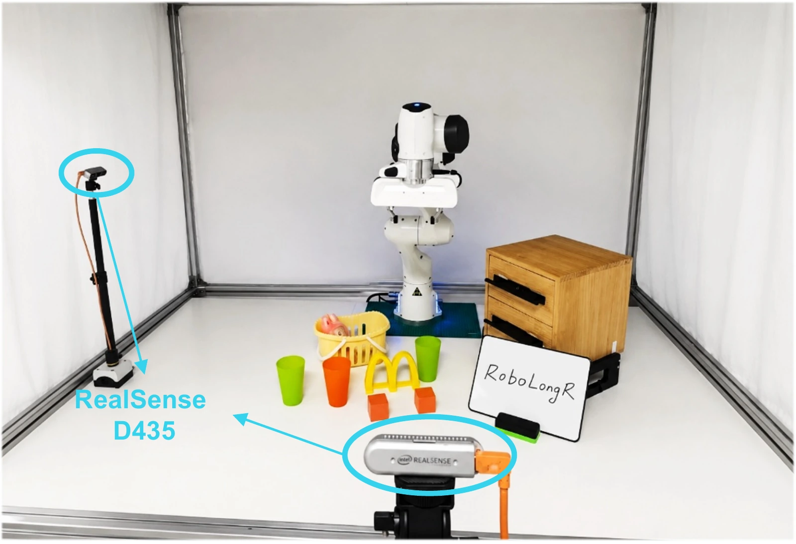 Franka Panda platform with front and right RealSense cameras.